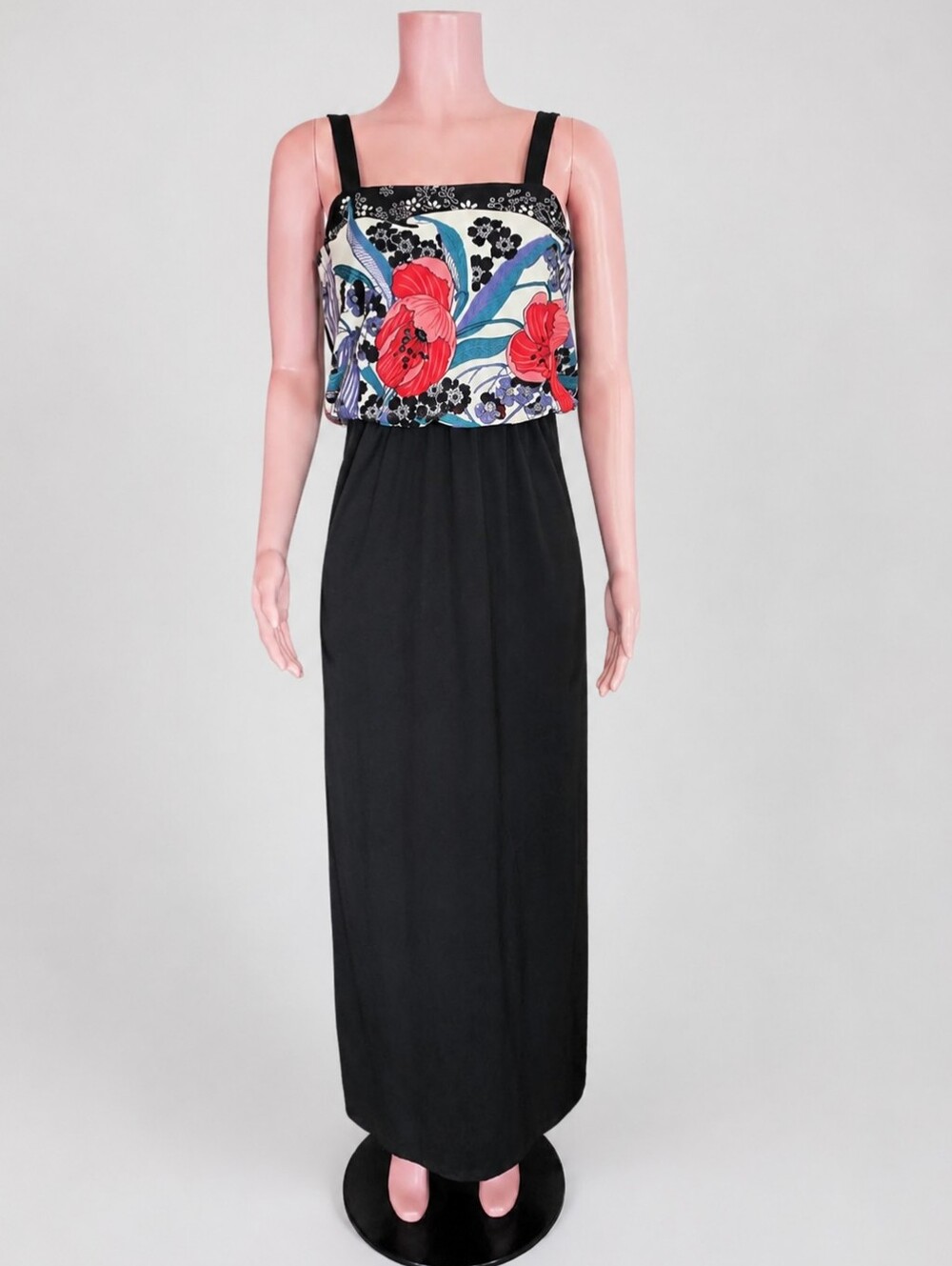 JCPenney Fashions 70s Black Maxi Dress With Floral Blouson Top Size 10